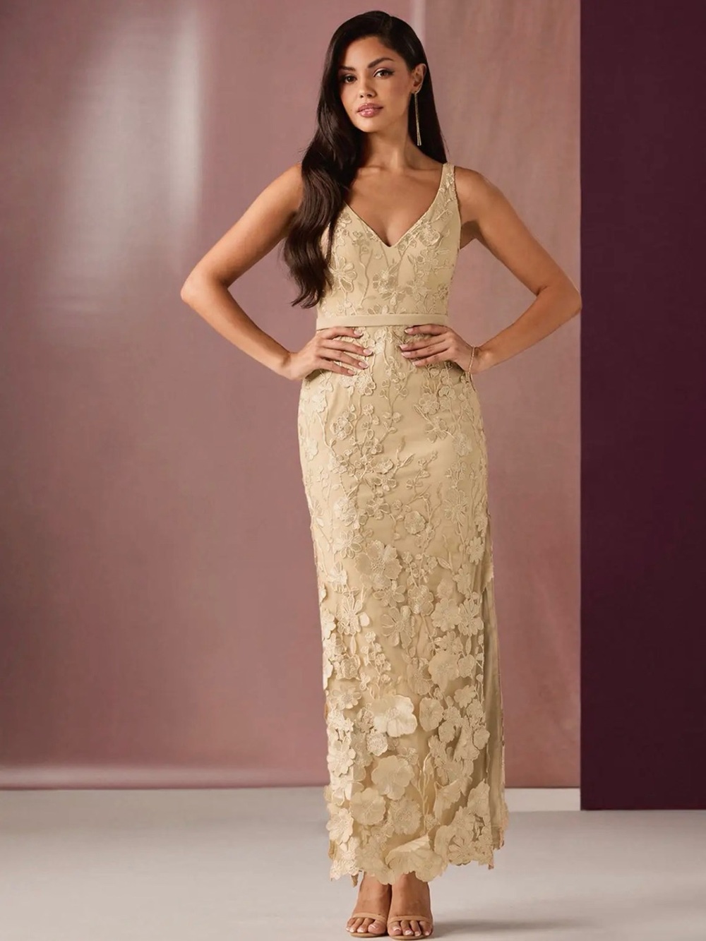 Azazie Gold Floral Lace V‑Neck Maxi Dress